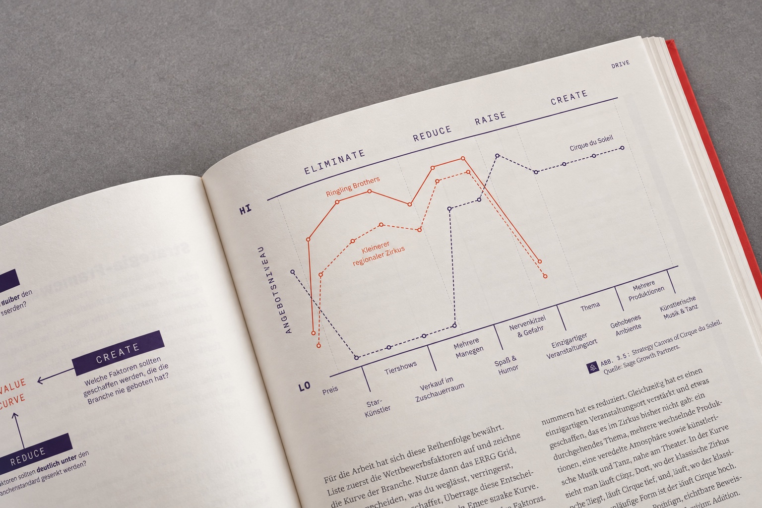 Detail des aufgeschlagenen Drive Leadership Playbooks: Strategy Canvas auf einer diagonal fotografierten Buchseite vor grauem Hintergrund.